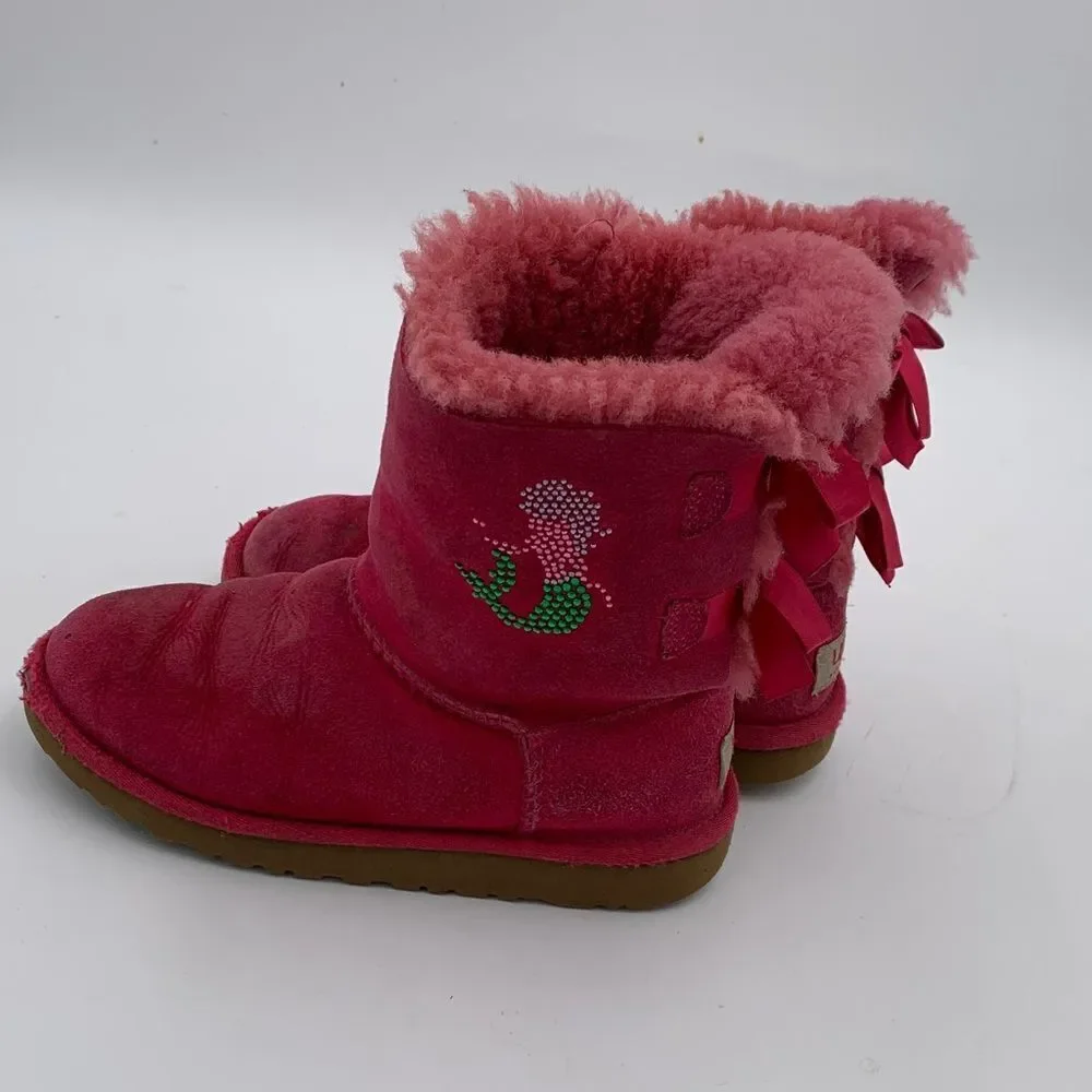 UGG bright pink double Bailey Bow girls size 2 with added gemstone mermaid